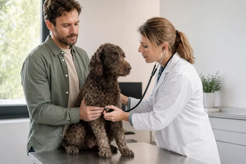 Ein ruhiger Curly-Coated Retriever auf einem Untersuchungstisch, während eine freundliche Tierärztin ihn mit einem Stethoskop untersucht.