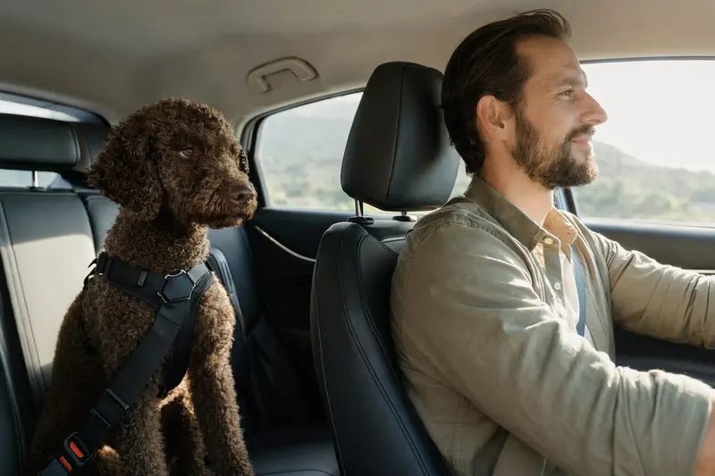 Ein Curly-Coated Retriever Hund, angeschnallt auf der Rückbank eines Autos, zeigt Sicherheit und Verantwortung während der Autofahrt.