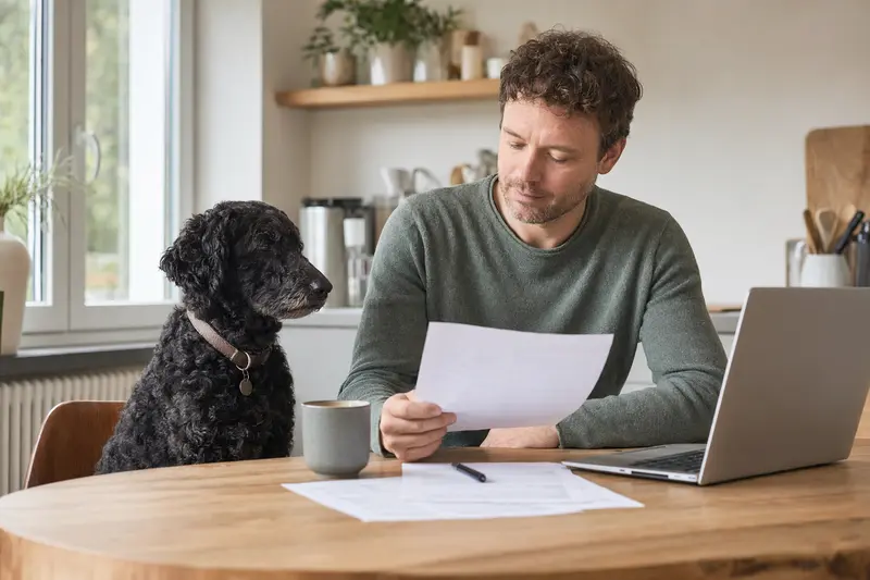 Ein Curly-Coated Retriever sitzt ruhig neben seinem Besitzer am Küchentisch, auf dem Versicherungsunterlagen und ein Laptop liegen.