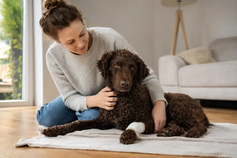 Ein Curly-Coated Retriever mit Verband an der Pfote liegt auf einer Decke, während sein erleichterter Besitzer neben ihm sitzt.
