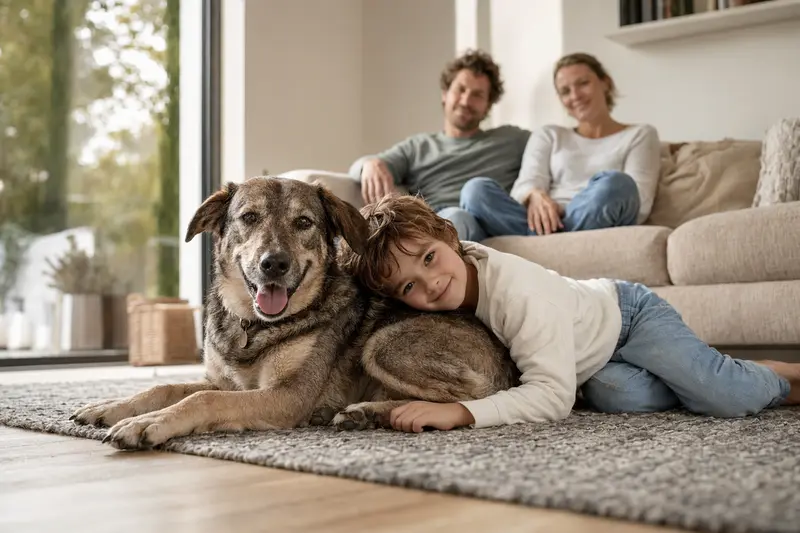 Ein freundlicher Cursinu Hund liegt entspannt neben einem Kind im Wohnzimmer und vermittelt ein Gefühl von Sicherheit.