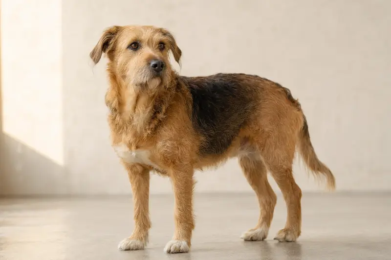 Ein aufmerksamer Cursinu Hund steht in natürlicher Haltung vor hellem Hintergrund.