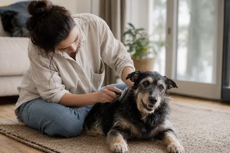 Ein Cursinu Hund wird zuhause von seinem Besitzer sanft gebürstet und gepflegt.