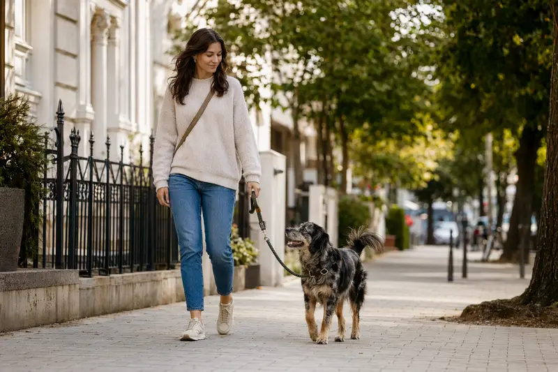 Ein Cursinu Hund läuft an der Leine mit seinem Besitzer durch eine moderne Stadtstraße in entspannter Alltagssituation.