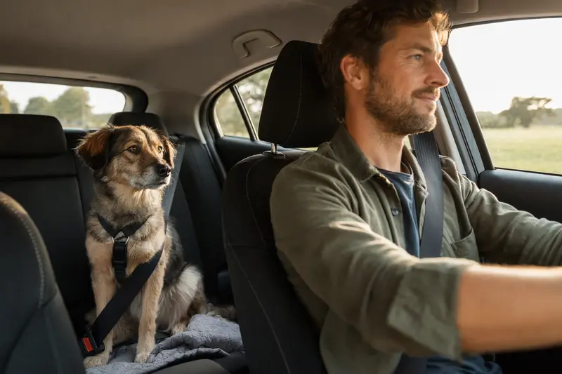 Ein Cursinu Hund sitzt angeschnallt auf der Rückbank eines Autos, während der Besitzer fährt und Sonnenlicht durch das Fenster strahlt.