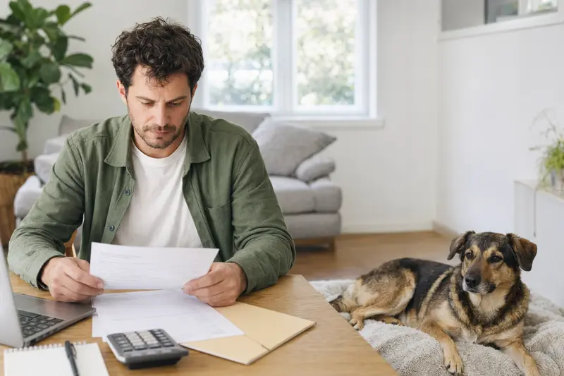 Besitzer sitzt mit Tierarztrechnung am Tisch, während ein entspannter Cursinu Hund auf einer Decke liegt – ein ruhiges Motiv zum Thema Hundekrankenversicherung und Tierarztkosten.