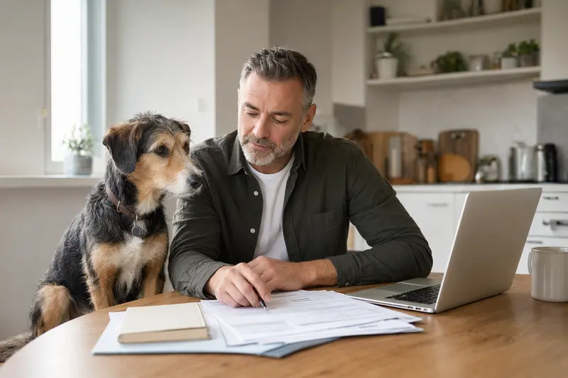 Ein Cursinu Hund sitzt entspannt neben seinem Besitzer am Küchentisch, auf dem Versicherungsunterlagen und ein Laptop liegen.