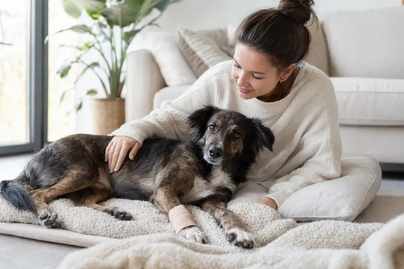 Ein Cursinu Hund mit Verband ruht sich neben seinem erleichterten Besitzer in einer hellen Wohnung aus.