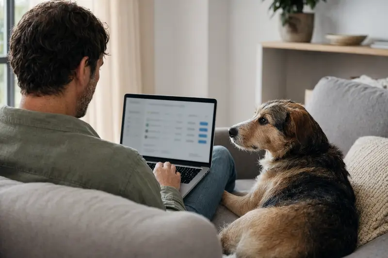 Ein Hundebesitzer arbeitet am Laptop auf dem Sofa, während sein Cursinu Hund daneben liegt, was die Recherche zu Tierversicherungen verdeutlicht.