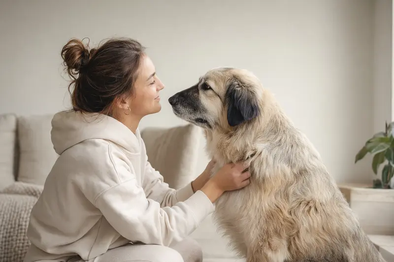 Ein aufmerksamer Slovensky Cuvac Hund steht in natürlicher Haltung vor hellem neutralem Hintergrund.