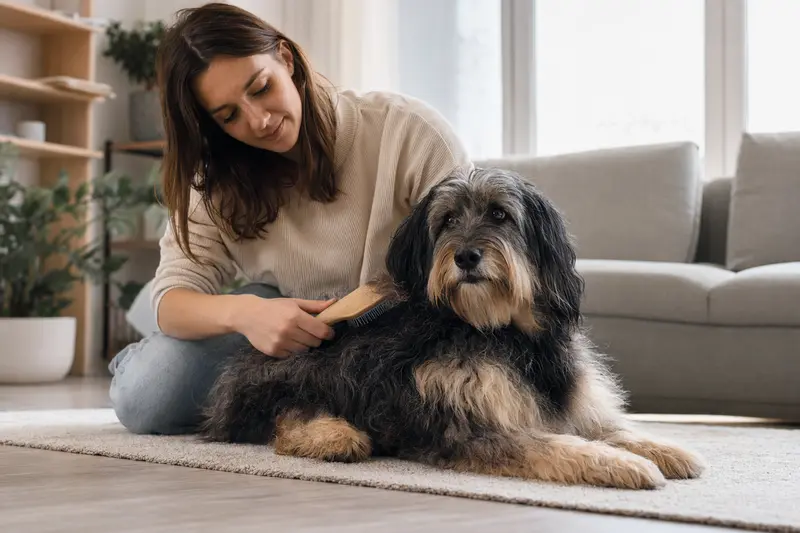 Ein Slovensky Cuvac wird in einer hellen Wohnung liebevoll gebürstet, während sein Besitzer die Fellpflege aufmerksam übernimmt.