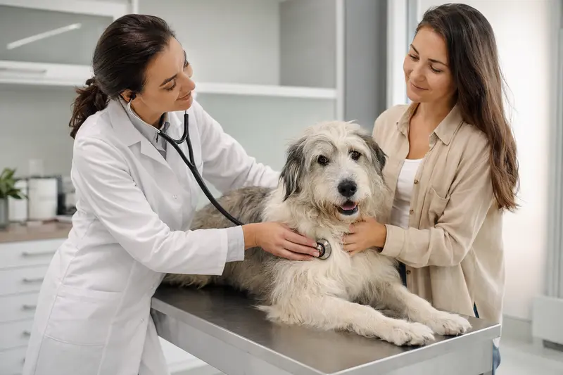 Ein ruhiger Cuvac Slovensky Hund wird bei seinem Tierarztbesuch von einer freundlichen Tierärztin mit einem Stethoskop untersucht.