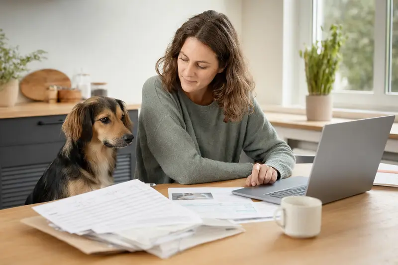 Ein Cuvac Slovensky Hund sitzt neben seinem Besitzer am Küchentisch, während Versicherungsunterlagen und ein Laptop mit Vergleichsseite auf dem Tisch liegen.