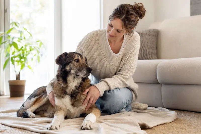 Ein Cuvac Slovensky Hund mit leichtem Verband auf einer Decke, während sein Besitzer daneben sitzt und erleichtert wirkt.