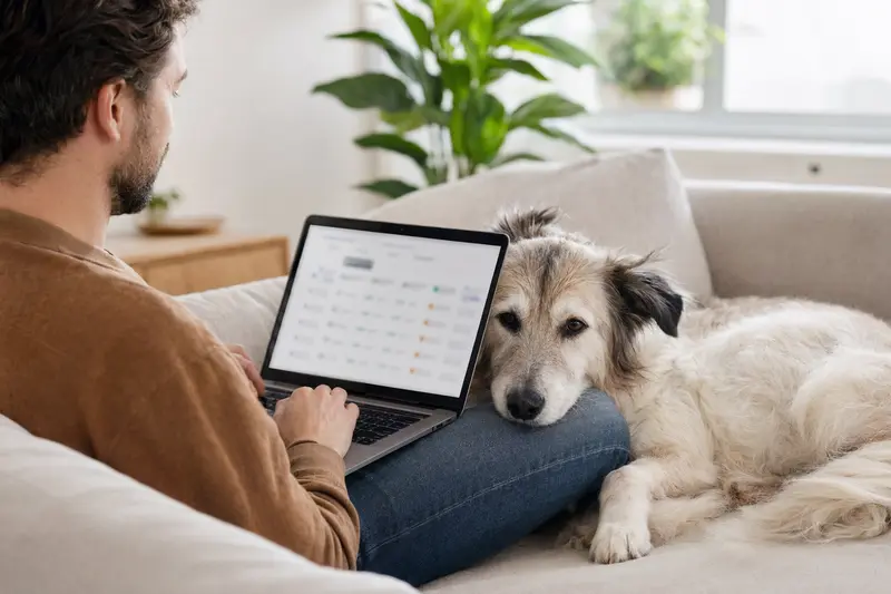 Ein Hundebesitzer sitzt mit einem Laptop auf dem Sofa, während ein Cuvac Slovensky neben ihm liegt und eine Versicherungsvergleichsseite betrachtet.