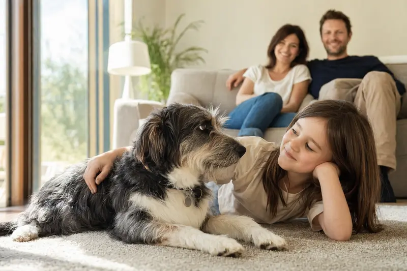 Ein entspannter Da Capo Dog Hund liegt neben einem lächelnden Kind in einem hellen Wohnzimmer.
