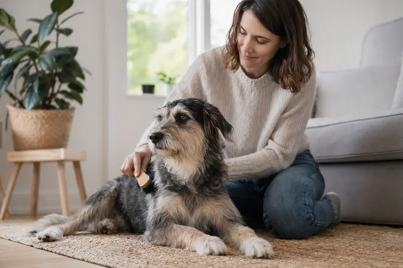 Ein Hund wird zuhause sanft gebürstet, während sich der Besitzer liebevoll um die Fellpflege kümmert.