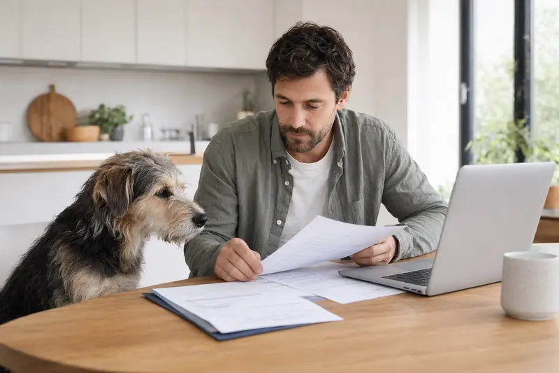 Ein Da Capo Dog Hund sitzt ruhig neben seinem Besitzer am Küchentisch, während Versicherungsunterlagen und ein Laptop mit Vergleichsseite sichtbar sind.