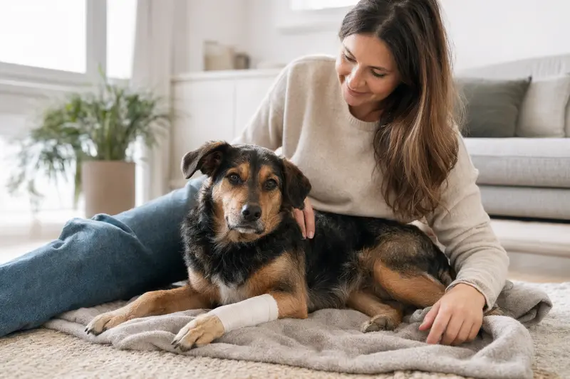 Ein entspannter Da Capo Dog mit einem leichten Verband an der Pfote liegt neben seinem erleichterten Besitzer in einer hellen Wohnung.