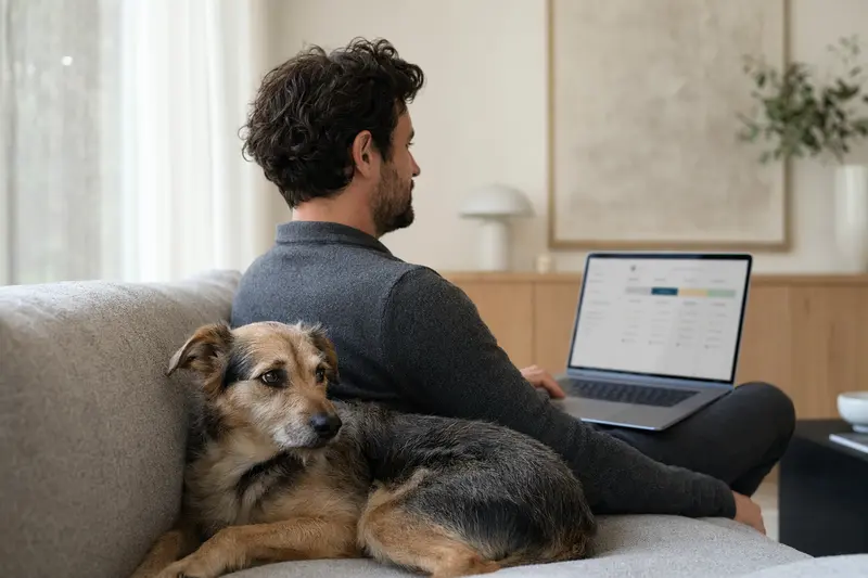 Ein Hundebesitzer arbeitet am Laptop auf einem Sofa, neben ihm sitzt ein Da Capo Dog und die Bildschirmdarstellung zeigt eine neutrale Versicherungsvergleichsseite.