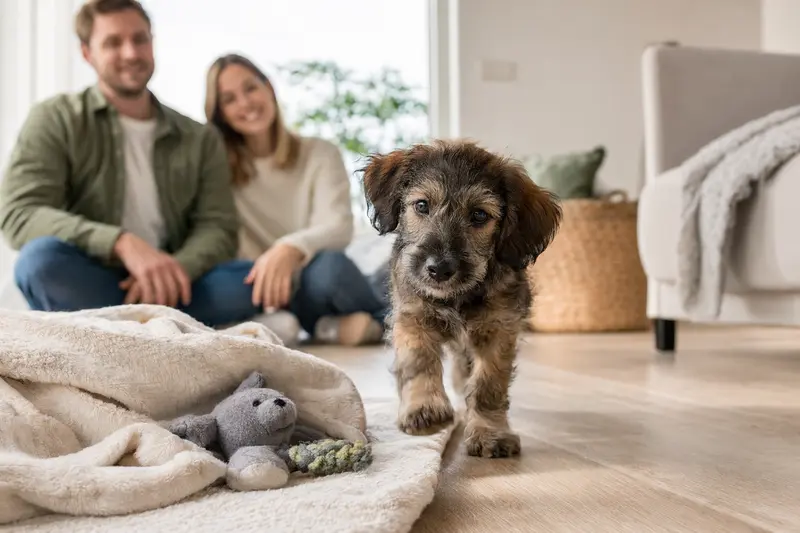 Ein junger Da Capo Dog Welpe erkundet neugierig sein neues Zuhause mit einer liebevollen Familie im Hintergrund.