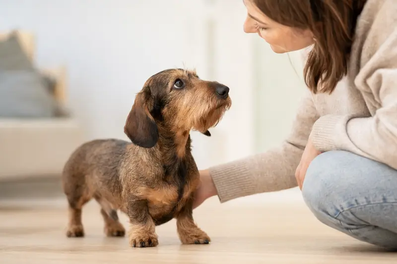 Ein aufmerksamer Dachshund steht in natürlicher Haltung vor hellem Hintergrund als realistisches Hundeportal für einen Ratgeber zur Hundegesundheit.