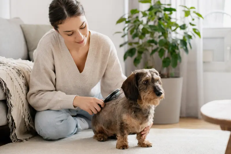 Ein Dachshund wird zuhause sanft gebürstet, während sein Besitzer die Fellpflege liebevoll übernimmt.