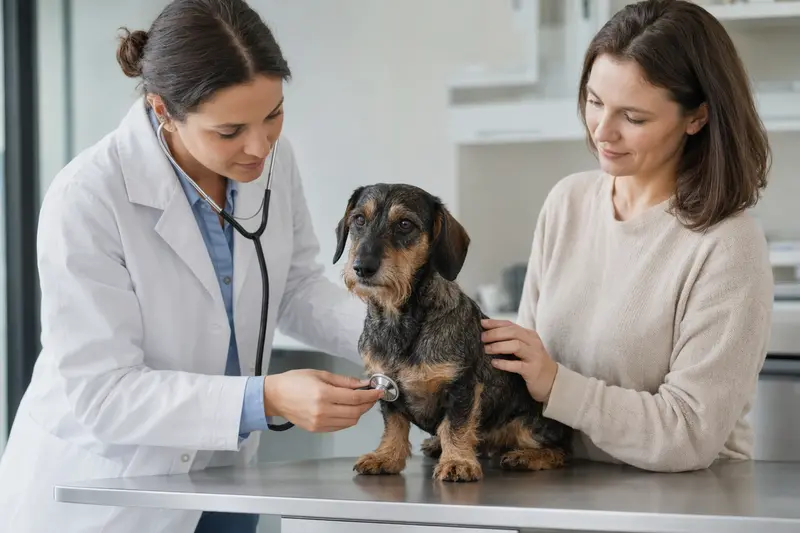 Ein ruhiger Dachshund wird von einer freundlichen Tierärztin in einer modernen Praxis mit einem Stethoskop untersucht.