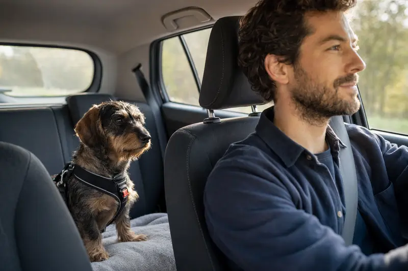 Ein sicher angeschnallter Dachshund auf der Rückbank eines Autos genießt die Fahrt mit seinem verantwortungsvollen Besitzer.