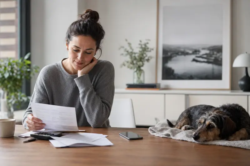 Ein Hundebesitzer sitzt mit einer Tierarztrechnung am Tisch, während ein entspannter Dackel auf einer Decke daneben liegt und die Hundekosten ruhig mit Versicherungsbezug verdeutlicht.