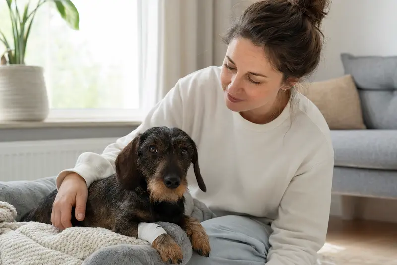 Ein Dachshund mit leichtem Verband an der Pfote entspannt auf einer Decke, während sein Besitzer neben ihm sitzt und erleichtert wirkt.