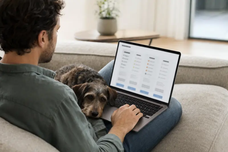 Ein Hundebesitzer arbeitet auf dem Sofa am Laptop, während ein Dachshund neben ihm sitzt, und zeigt eine neutrale Versicherungsvergleichsseite.