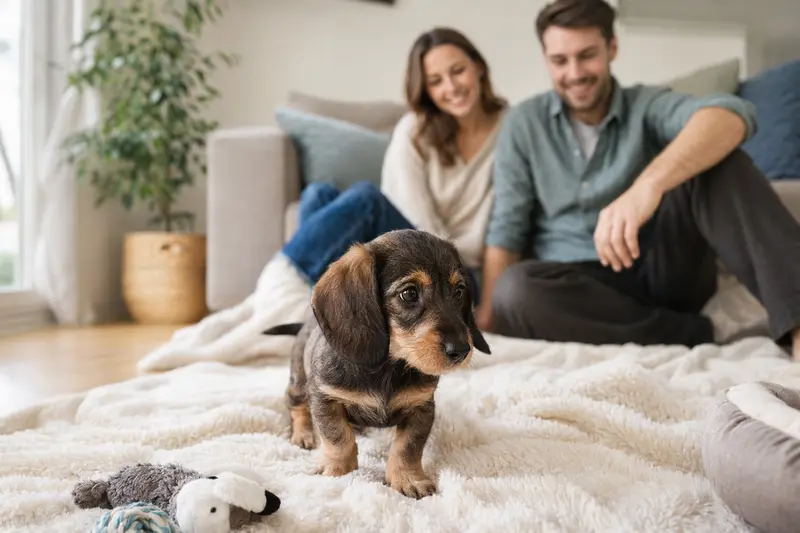 Ein junger Dachshund Welpe erkundet neugierig sein neues Zuhause, umgeben von einer liebevollen Familie.