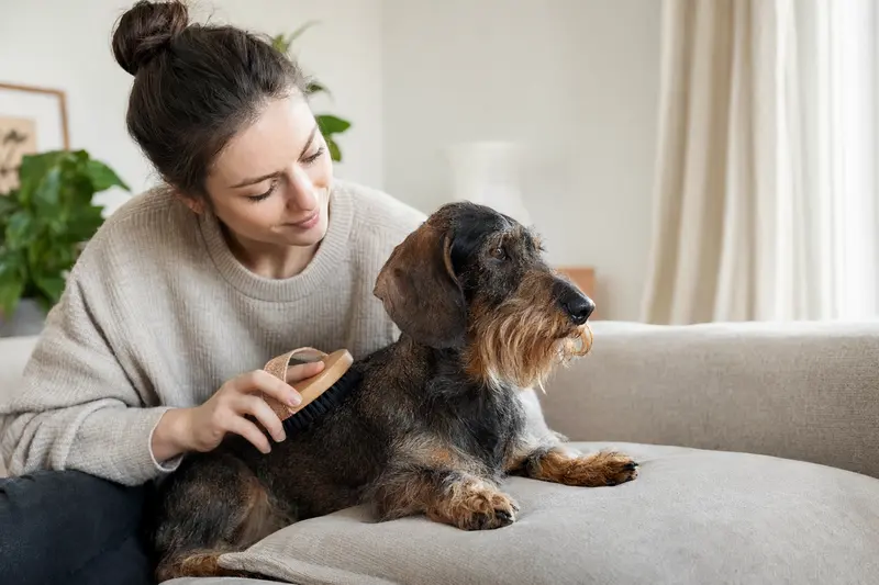 Ein Dackel wird in einer hellen Wohnung liebevoll gebürstet, während sein Besitzer die Fellpflege ruhig und aufmerksam übernimmt.