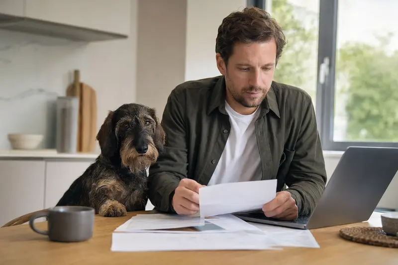 Ein Dackel Hund sitzt ruhig neben seinem Besitzer am Küchentisch, auf dem Versicherungsunterlagen und ein Laptop liegen.