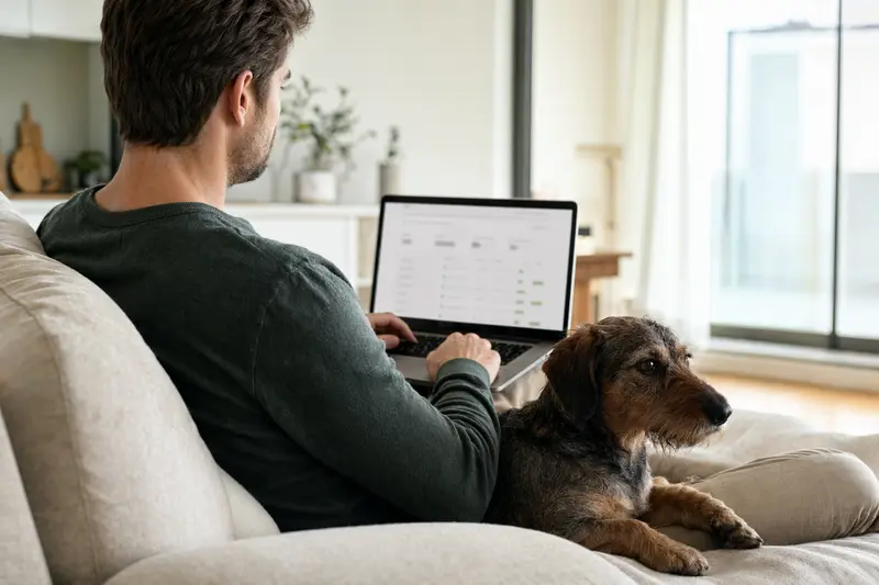 Ein Hundebesitzer arbeitet am Laptop auf dem Sofa, während sein Dackel daneben sitzt.