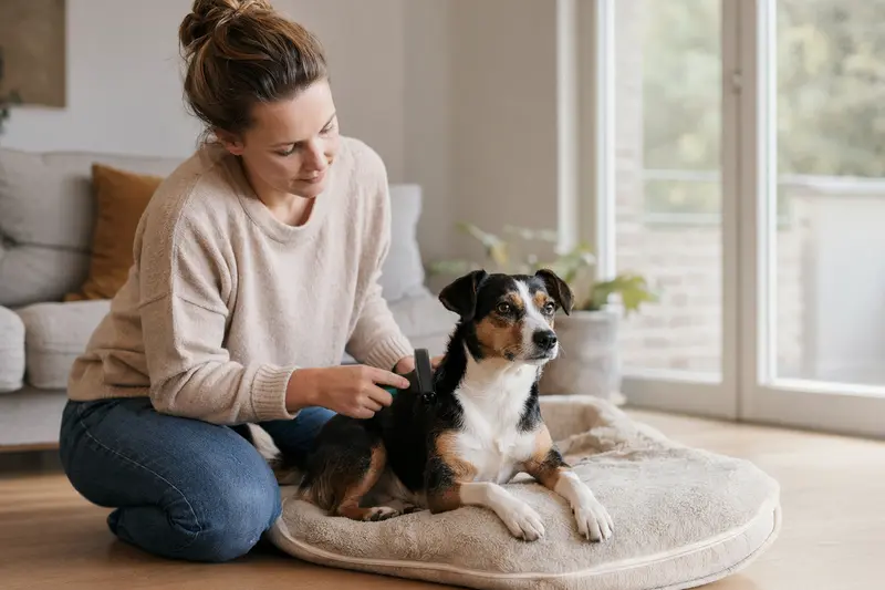 Ein Dänisch-Schwedischer Farmhund wird in einer hellen Wohnung sanft gebürstet und gepflegt.