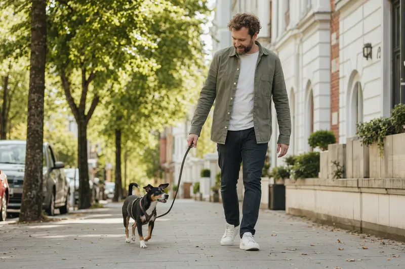 Ein Dänisch-Schwedischer Farmhund läuft an der Leine mit seinem Besitzer durch eine moderne Stadtstraße.