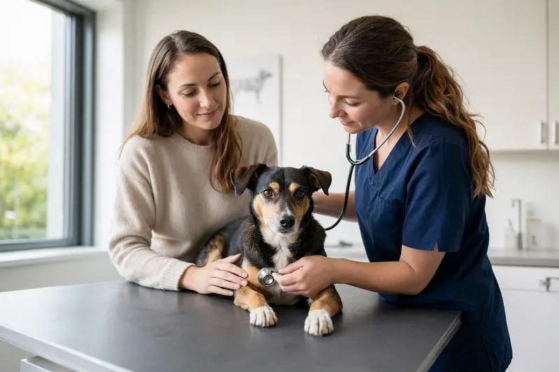 Ein Dänisch-Schwedischer Farmhund wird behutsam von einer Tierärztin mit einem Stethoskop untersucht, während der Besitzer beruhigend daneben steht.