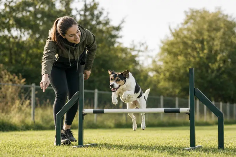 Ein Dänisch-Schwedischer Farmhund springt mit seinem Besitzer über eine kleine Trainingshürde auf einem sonnigen Hundeplatz.