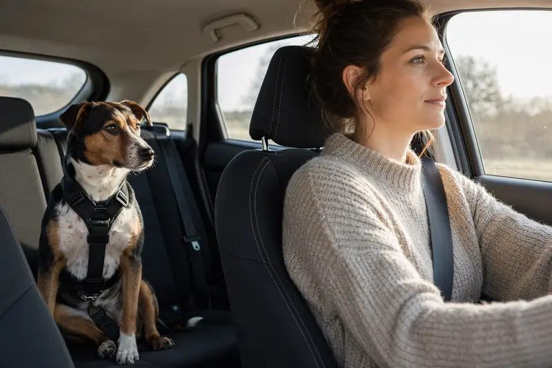 Ein Dänisch-Schwedischer Farmhund ist sicher angeschnallt auf der Rückbank eines Autos, während der Besitzer entspannt fährt.