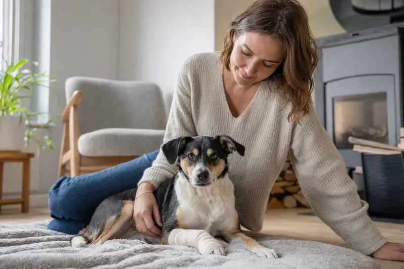 Ein Dänisch-Schwedischer Farmhund mit leichtem Verband an der Pfote liegt entspannt auf einer Decke neben seinem erleichterten Besitzer.
