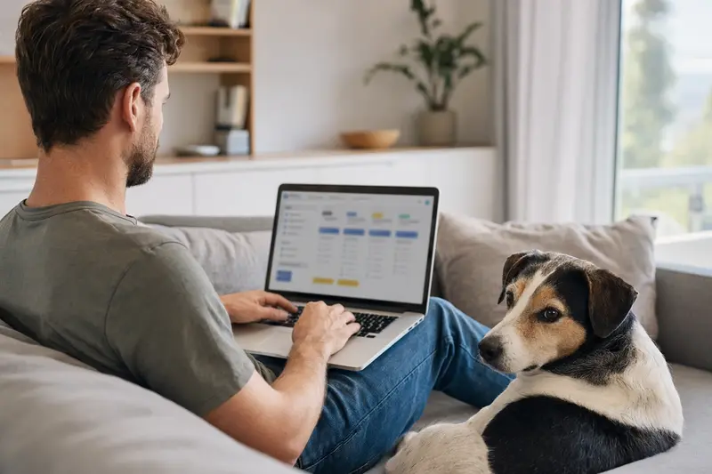 Ein Hundebesitzer sitzt mit Laptop auf dem Sofa und vergleicht Tierarztkosten mit einem Dänisch-Schwedischen Farmhund neben sich.