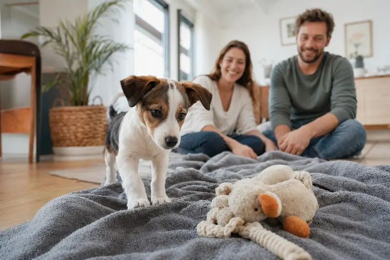 Ein neugieriger Dänisch-Schwedischer Farmhund Welpe erkundet sein neues Zuhause mit einer weichen Decke und Spielzeug, während die Familie im Hintergrund liebevoll zusieht.