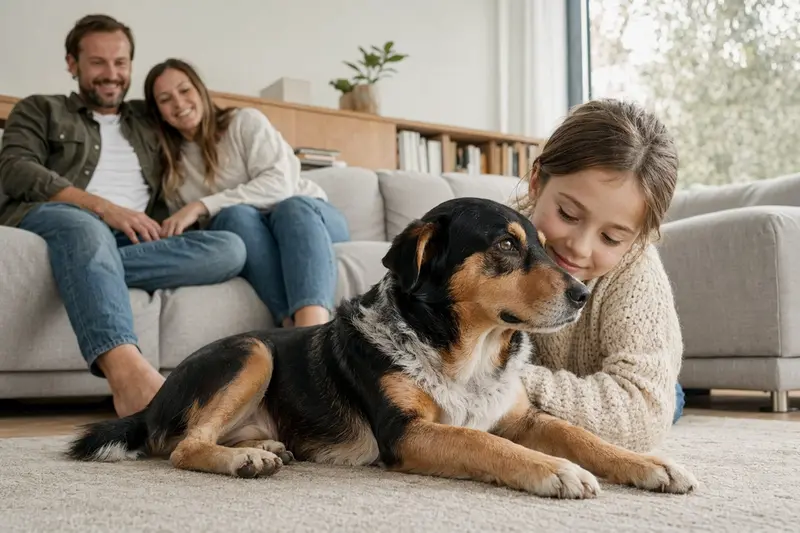 Ein entspannter Dänisch-Schwedischer Hofhund liegt neben einem Kind im Wohnzimmer und schafft eine warme, sichere Familienatmosphäre.