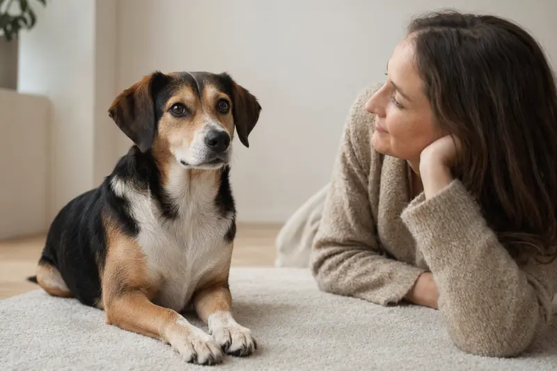 Ein aufmerksamer Dänisch-Schwedischer Hofhund steht in natürlicher Haltung vor hellem neutralem Hintergrund.