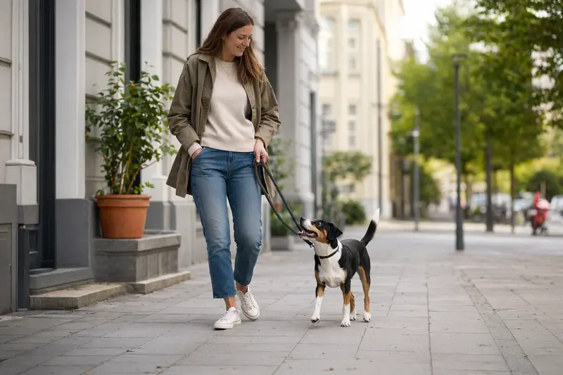 Ein Dänisch-Schwedischer Hofhund läuft an der Leine mit seinem Besitzer durch eine moderne Stadtstraße.