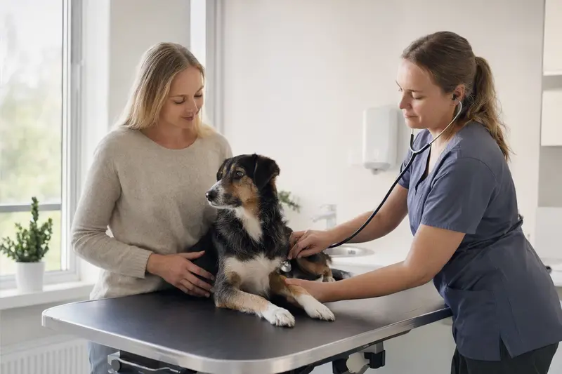Ein Dänisch-Schwedischer Hofhund wird behutsam von einer Tierärztin mit einem Stethoskop untersucht, während sein Besitzer beruhigend danebensteht.
