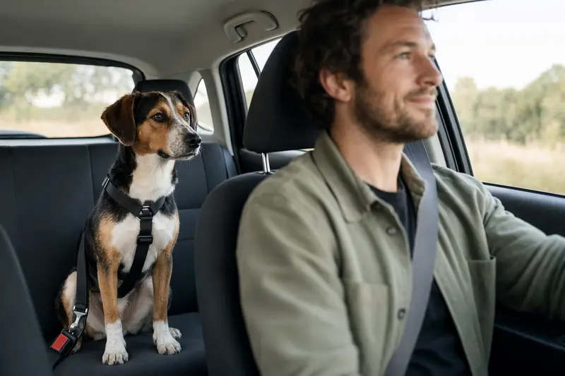 Ein Dänisch-Schwedischer Hofhund sitzt sicher angeschnallt auf der Rückbank eines Autos, während der Besitzer entspannt fährt.