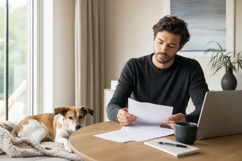 Ein Hundebesitzer sitzt mit einer Tierarztrechnung am Tisch, während sein entspannter Dänisch-Schwedischer Hofhund ruhig auf einer Decke neben ihm liegt.